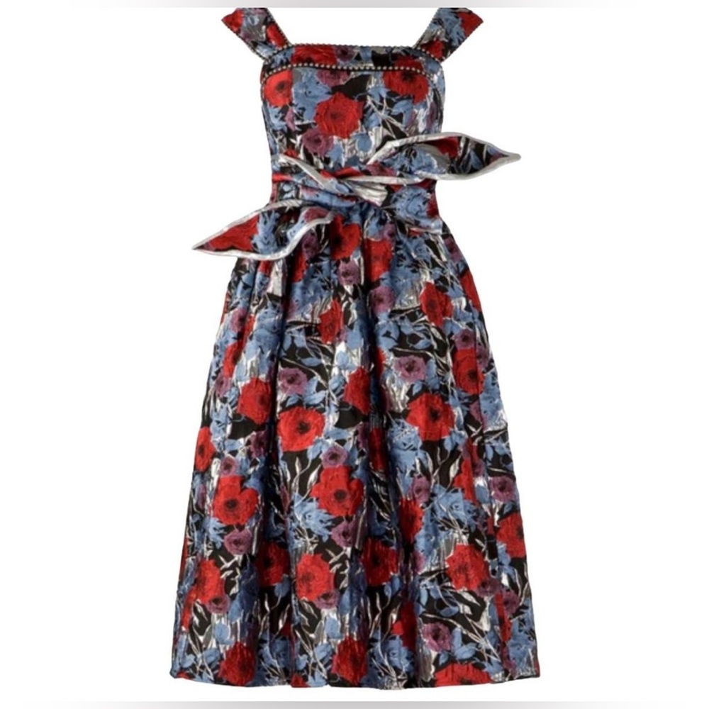 Autumn Adeigbo Gabriella Midi Dress Floral Metallic Brocade with Pockets